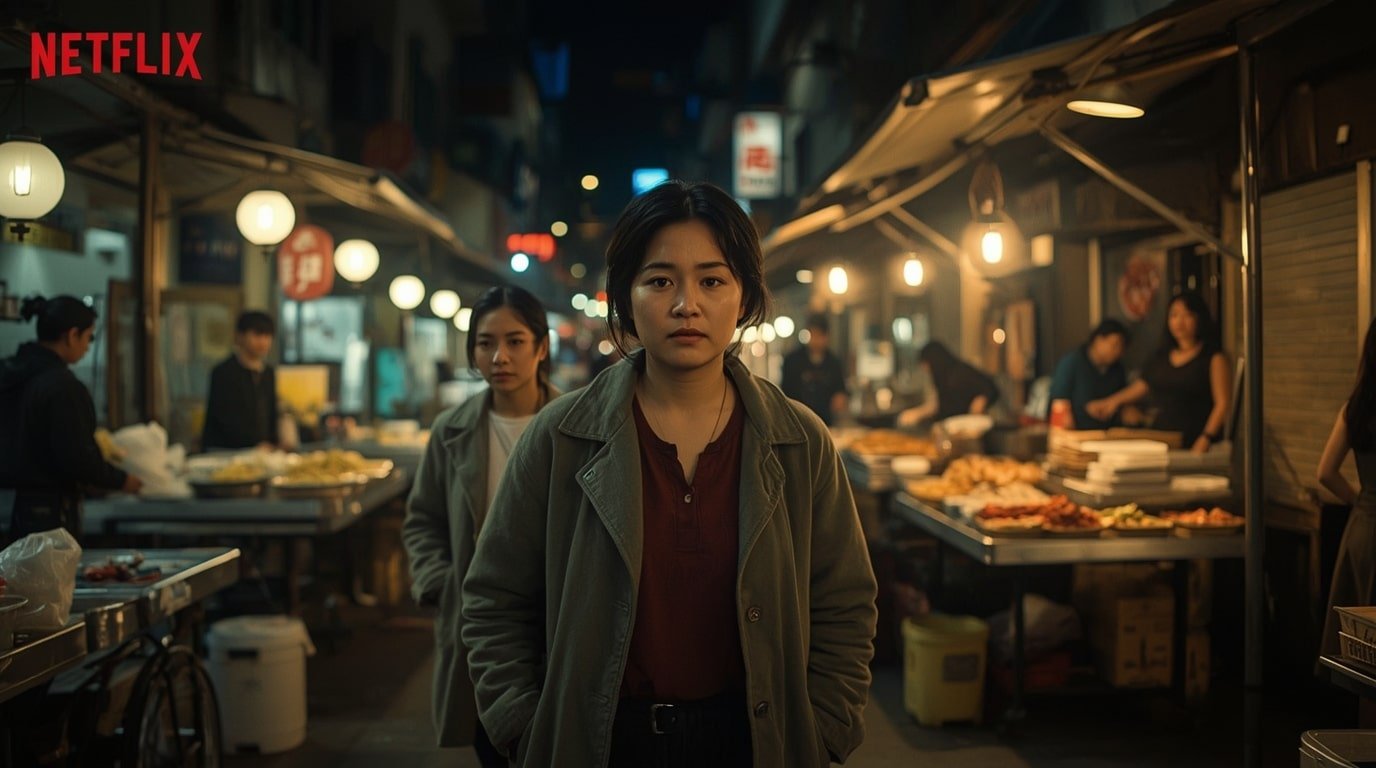 Scene from Left-Handed Girl film on Netflix showing a mother and daughters at a bustling Taipei night market stall with neon lights, street food vendors, and emotional family interaction in Taiwan's urban setting for the 2025 Oscar contender.