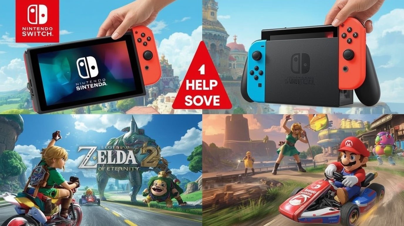 Nintendo Switch 2 console with 8-inch OLED screen, new Joy-Cons, and teaser images of Zelda Echoes of Eternity and Mario Kart 9, announced November 30 2025 for March 2026 release